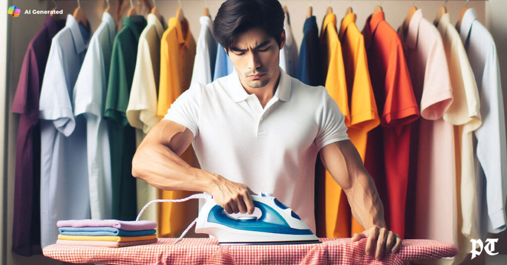 A-man-is-ironing-his-polo-shirts